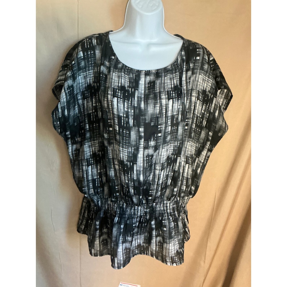 AB Studio Blouse Women XL Black White Excellent Smocked Waist Abstract Grid Top
